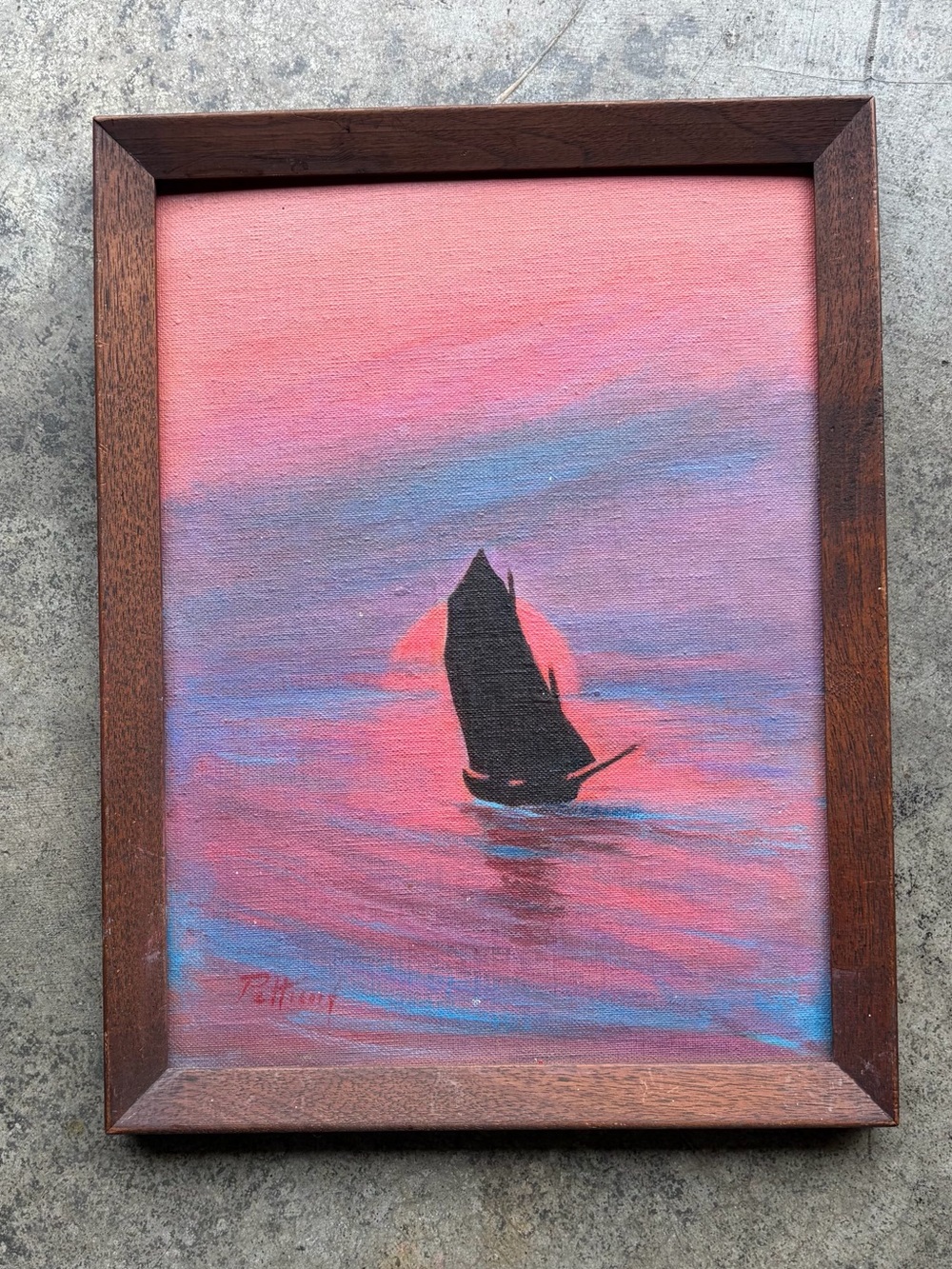 Vintage 60s Mid-Century Silhouette Asian Boat Sunset Painting – Framed Original